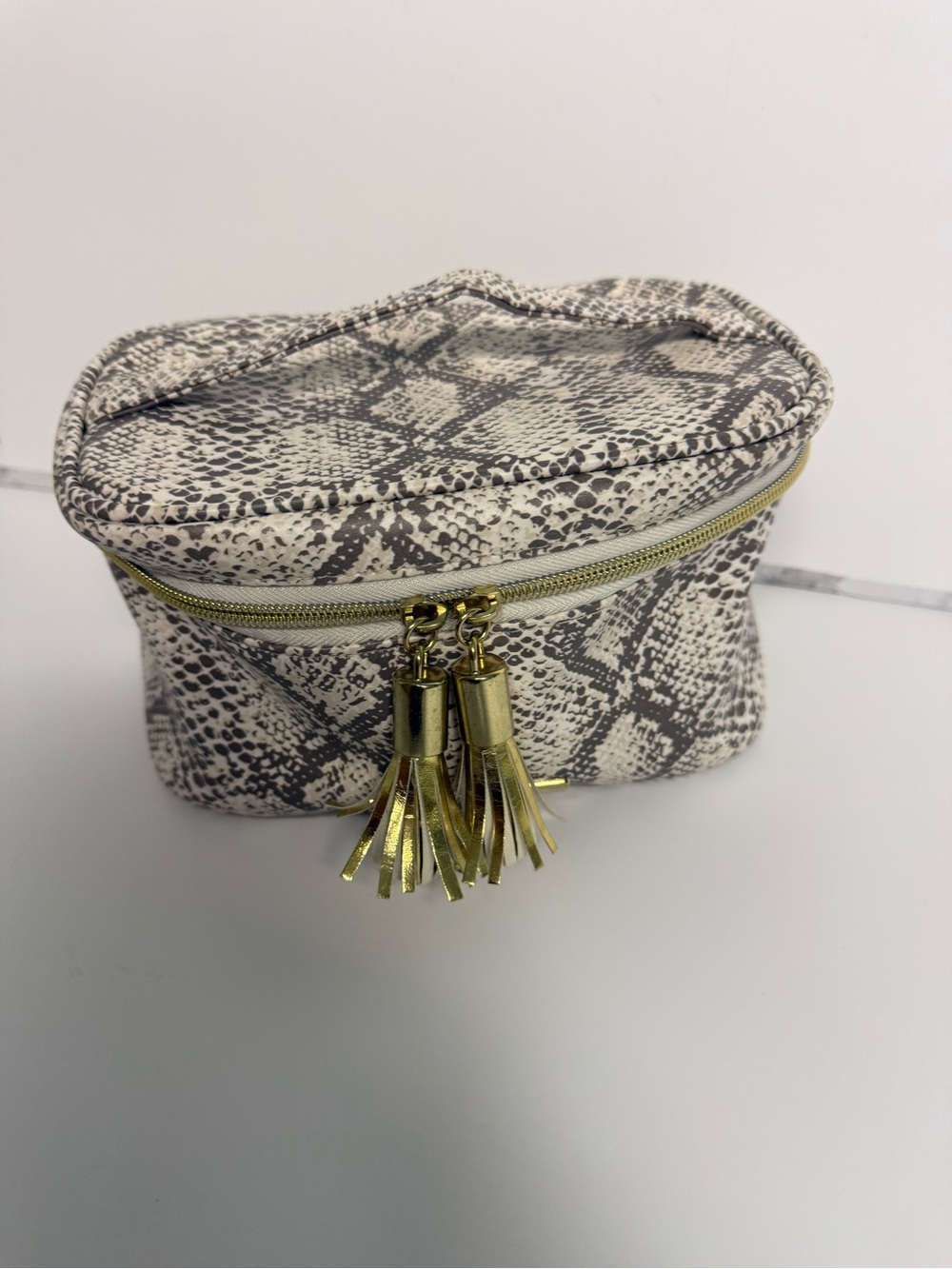 Tartan + Twine Snakeskin Train Case Cosmetic Makeup Bag Gold Tassels Travel